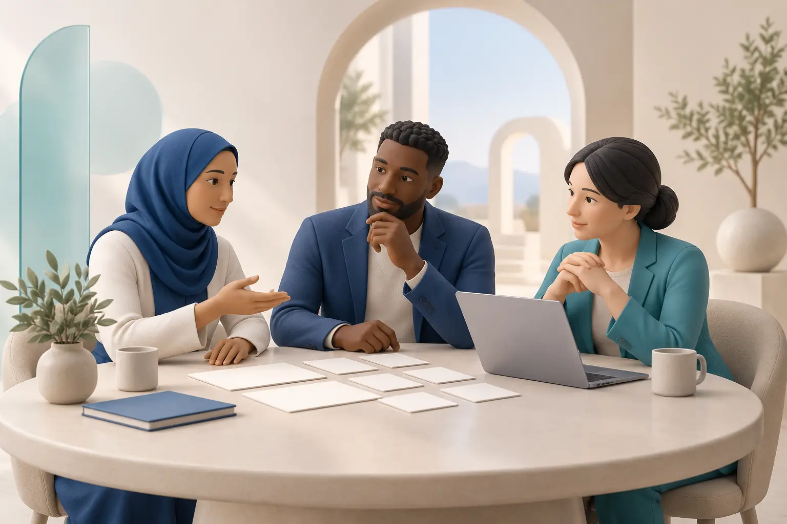Illustration of professionals discussing practical workplace decisions.