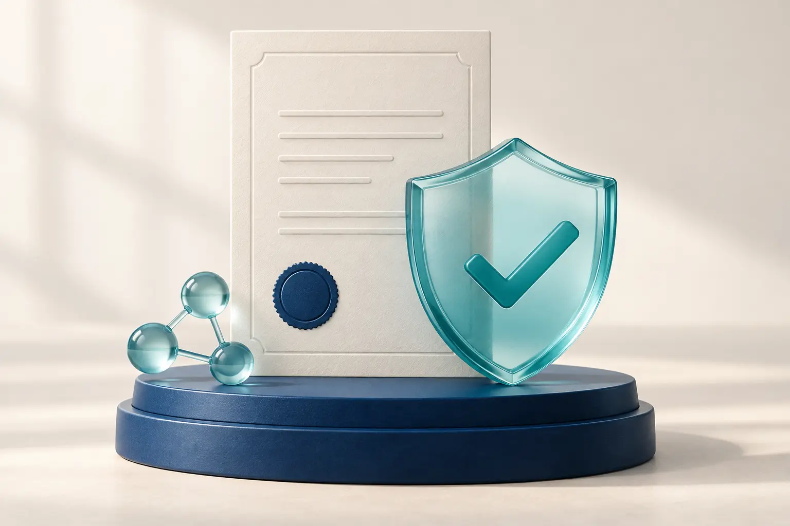 Illustration of a credential and shield representing integrity and verification.
