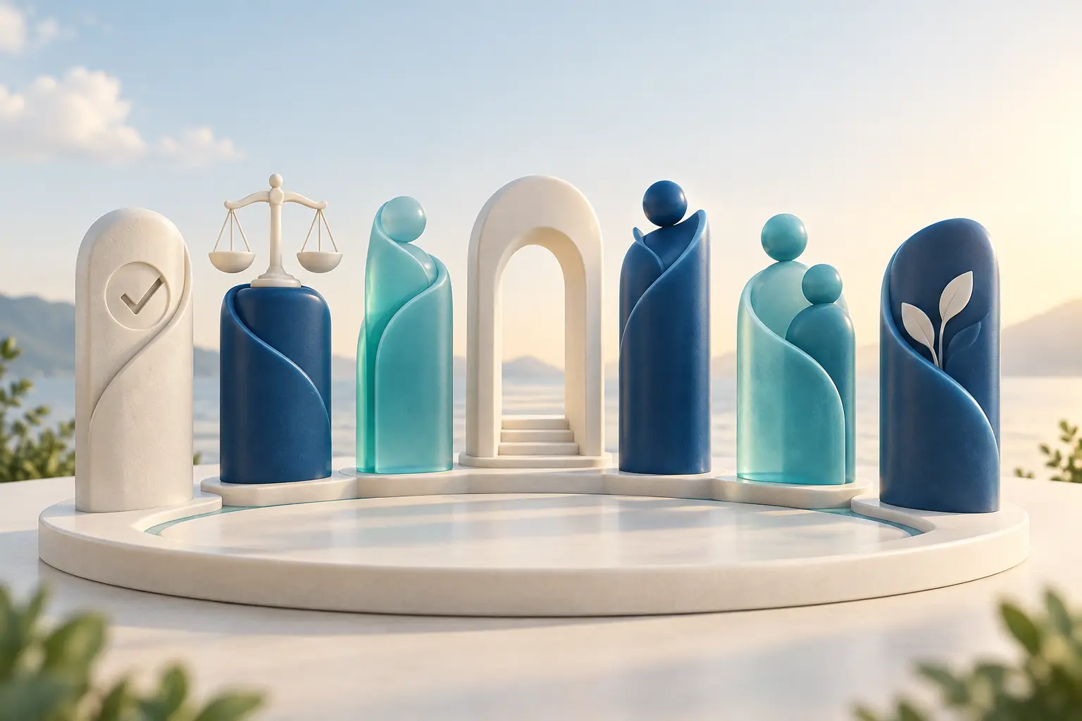 Seven complementary pillars on a shared foundation, representing integrity, fairness, relevance, accessibility, improvement, trust and practical application.