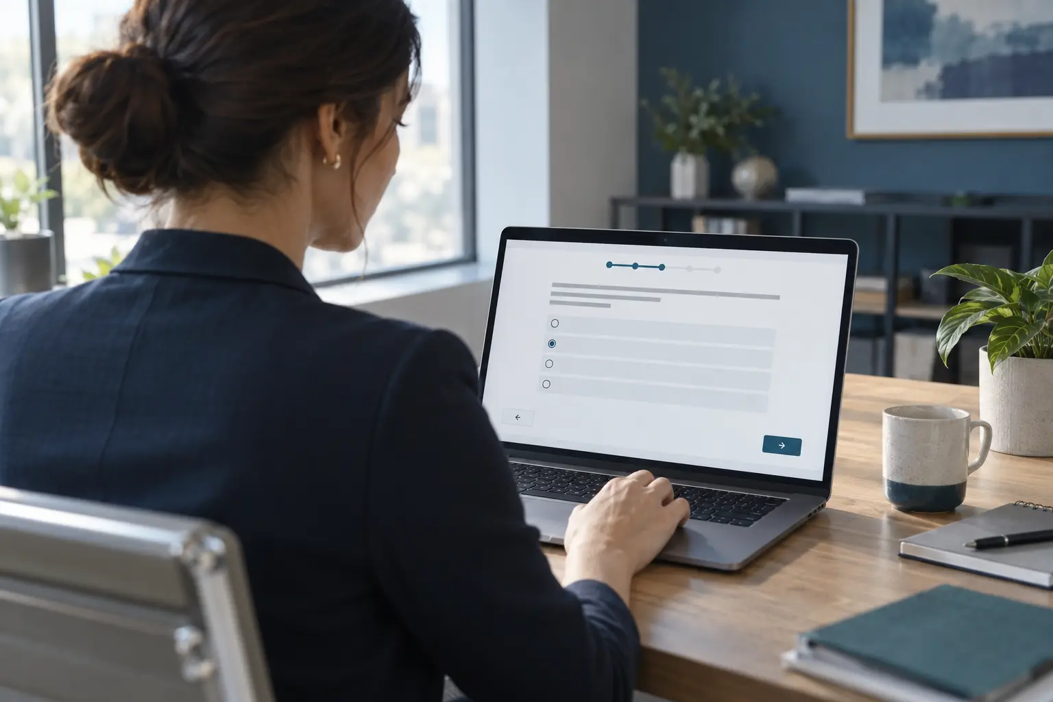 Illustrative scene of a professional taking an online assessment; screen is illustrative.
