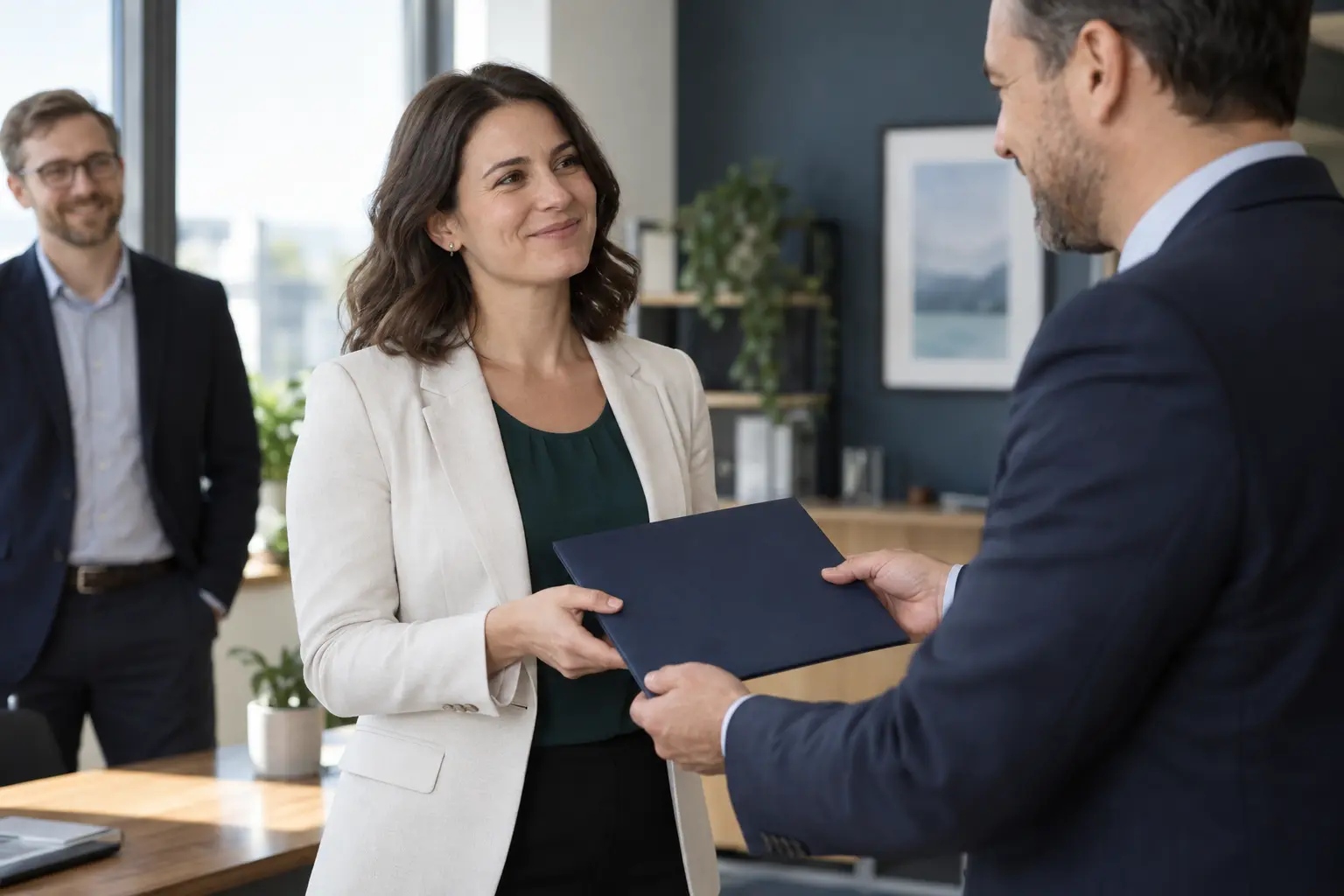 Illustrative workplace certificate presentation with a closed presentation folder.